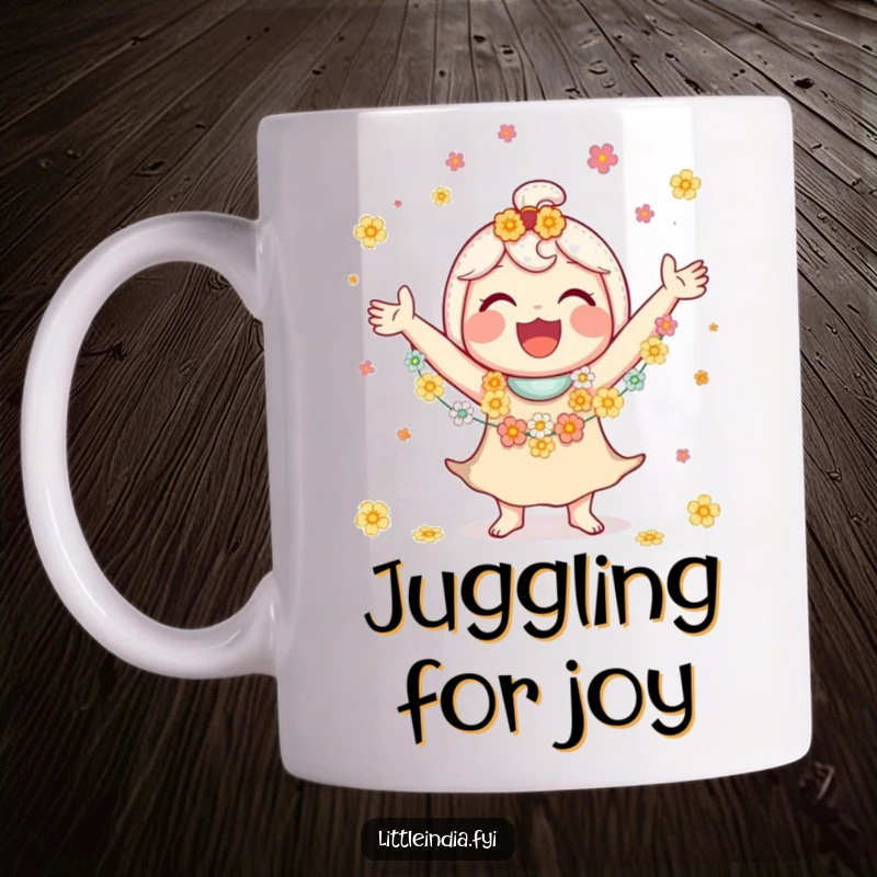 Funny mug showing a jubilant character skillfully juggling small flower garlands with a wide, happy smile.