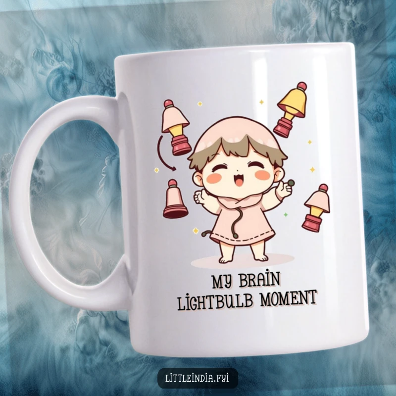 Funny mug showing a whimsical character expertly juggling several small, glowing lamps with a cheerful expression.