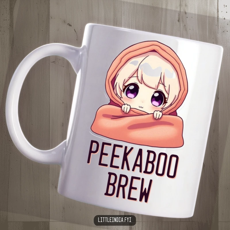 Funny mug showcasing a delighted character peeking playfully from behind a colorful and vibrant textile, conveying intrigue and fun.