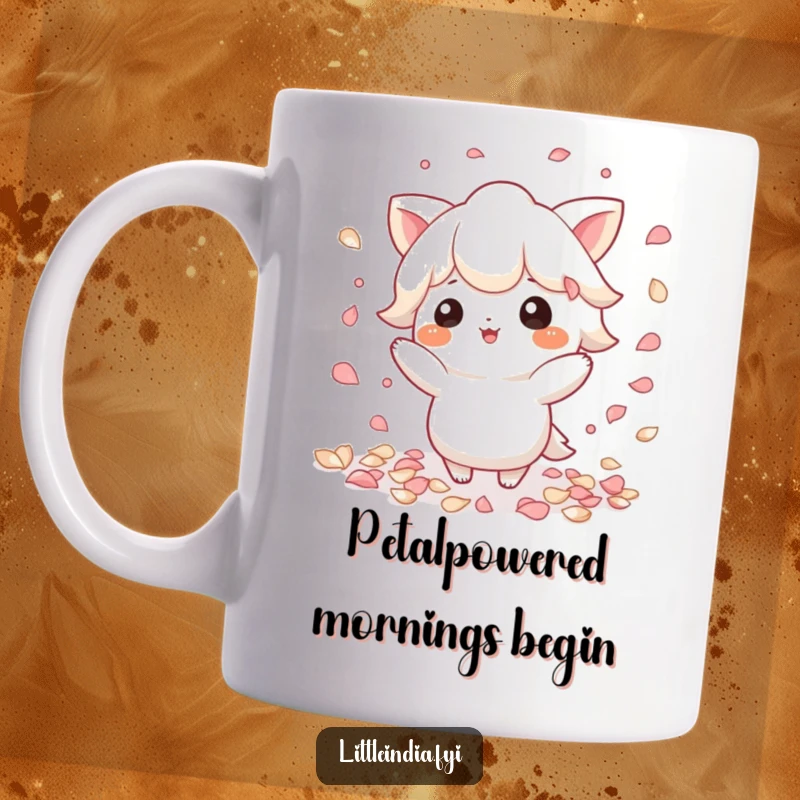 Funny Petal Scatter Mug: Playful character gently scatters colorful petals with a flourish, creating a cheerful scene.