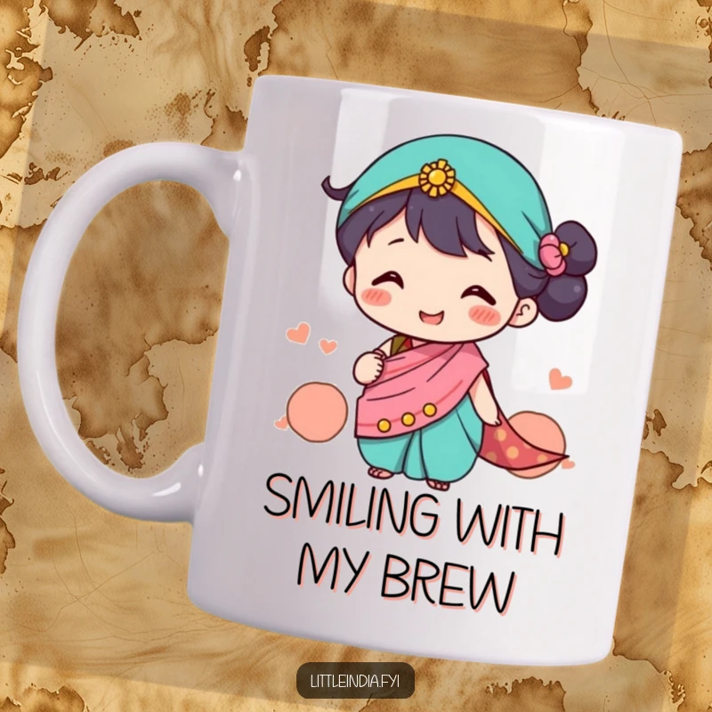Funny Mug featuring a cute character in a tiny, colorful sari happily exchanging smiles, radiating warmth and joy, a perfect funny gift.