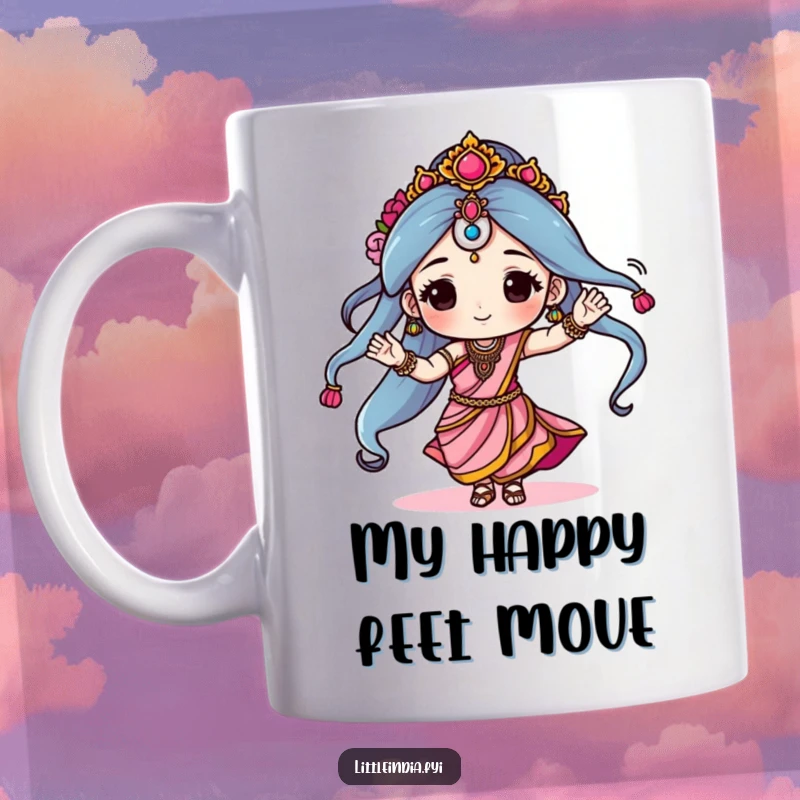 Funny mug featuring a character joyfully dancing in a beautiful sari, full of life and laughter, making it a delightful and humorous item.