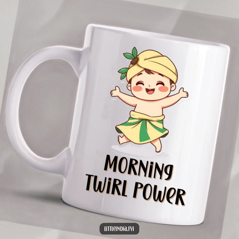 Funny mug showing a cheerful sarong-clad character mid-twirl, radiating happiness and playful movement.