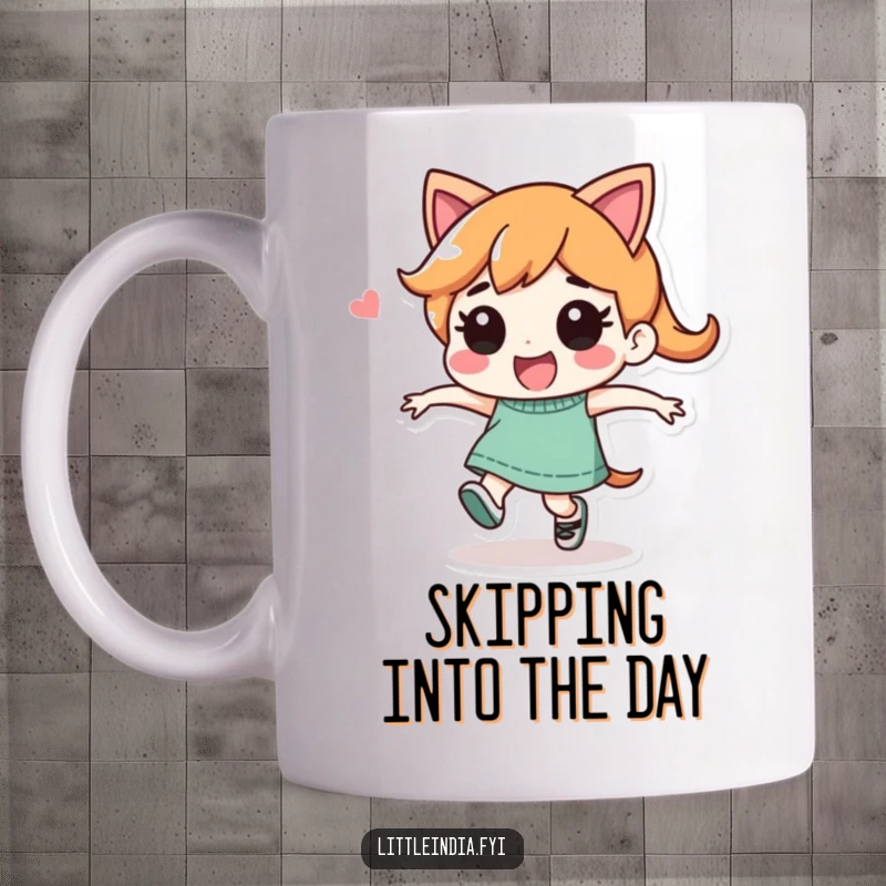 Funny Mug: Playful character performing a joyful, energetic skip, radiating happiness and a lighthearted spirit.