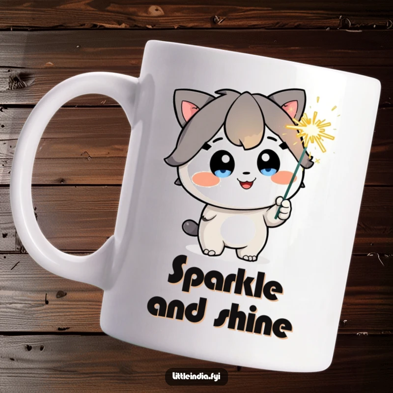 Funny Mug: A happy character with wide, sparkling eyes joyfully holds a bright, playful sparkler aloft.