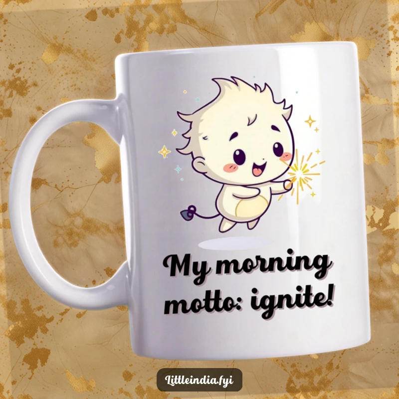 Funny mug featuring a mischievous sparkler character joyfully leaving a bright, glittering trail, perfect for a laugh.