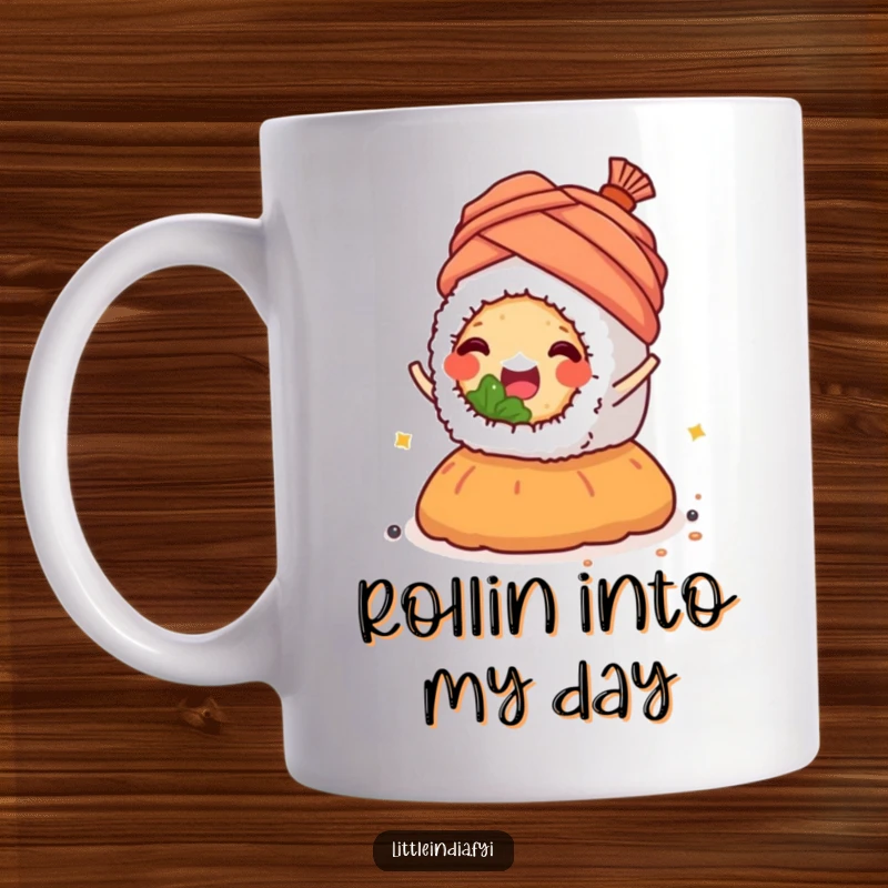 Happy sushi roll wearing a tiny turban, joyfully riding atop a colorful mound of spices, on a mug.