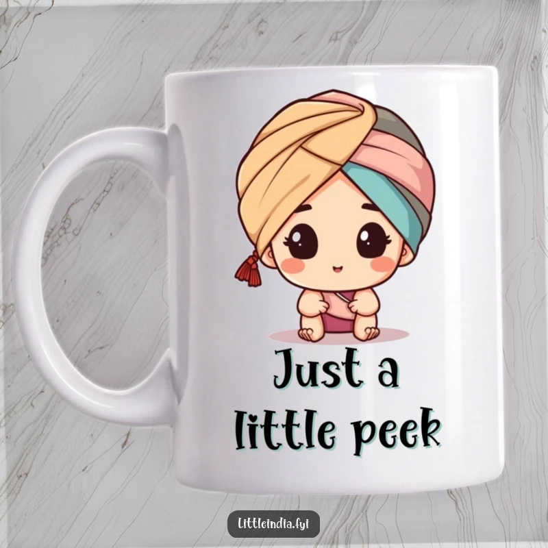 Funny mug with a character playfully peeking out from behind a stylish turban, conveying mischief and intrigue, a humorous addition to any collection.