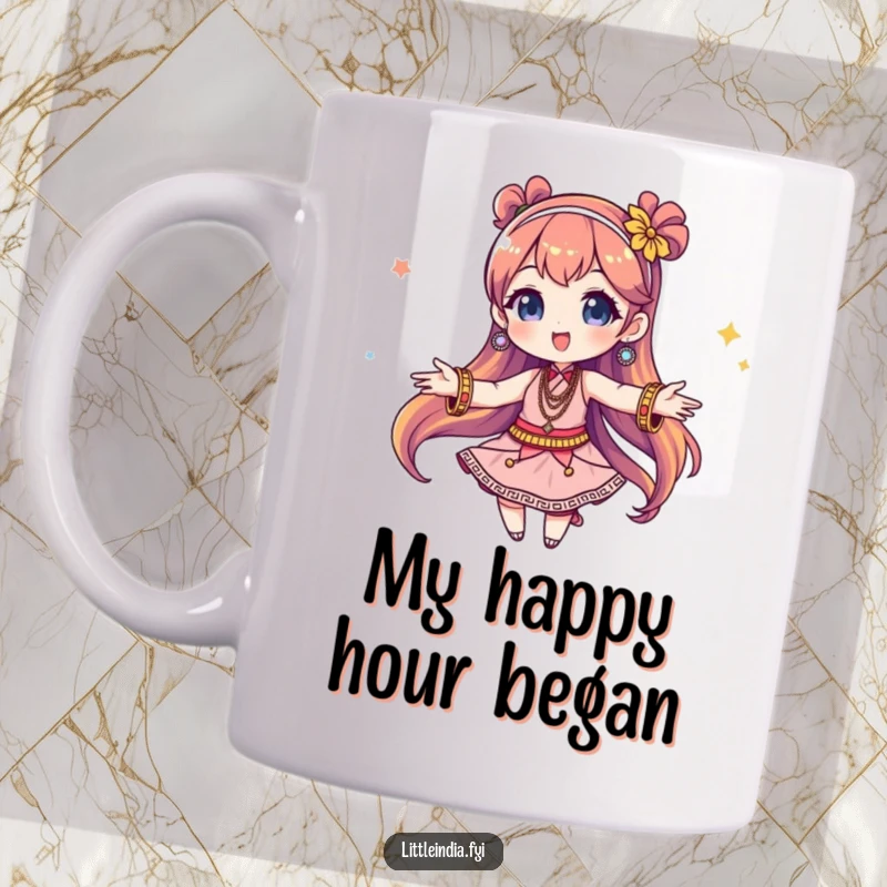 Funny Mug: A character joyfully twirls, adorned with brightly colored, shimmering bangles, showcasing a fun and energetic dance.