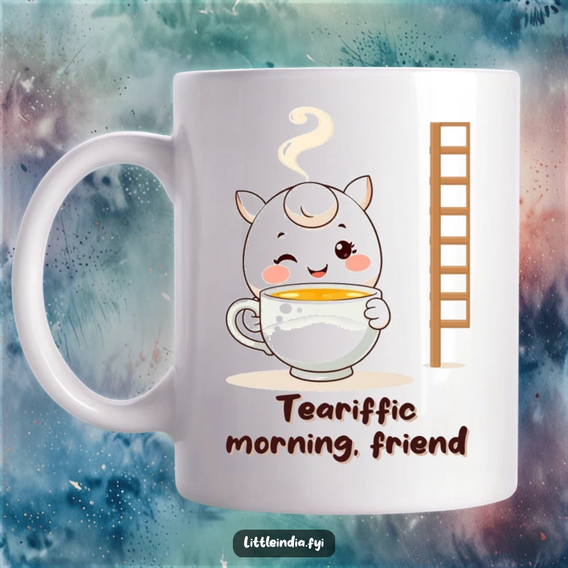 Funny Warm Tea Mug: Smiling character offers a steaming cup of tea with a kind expression, conveying comfort and warmth.