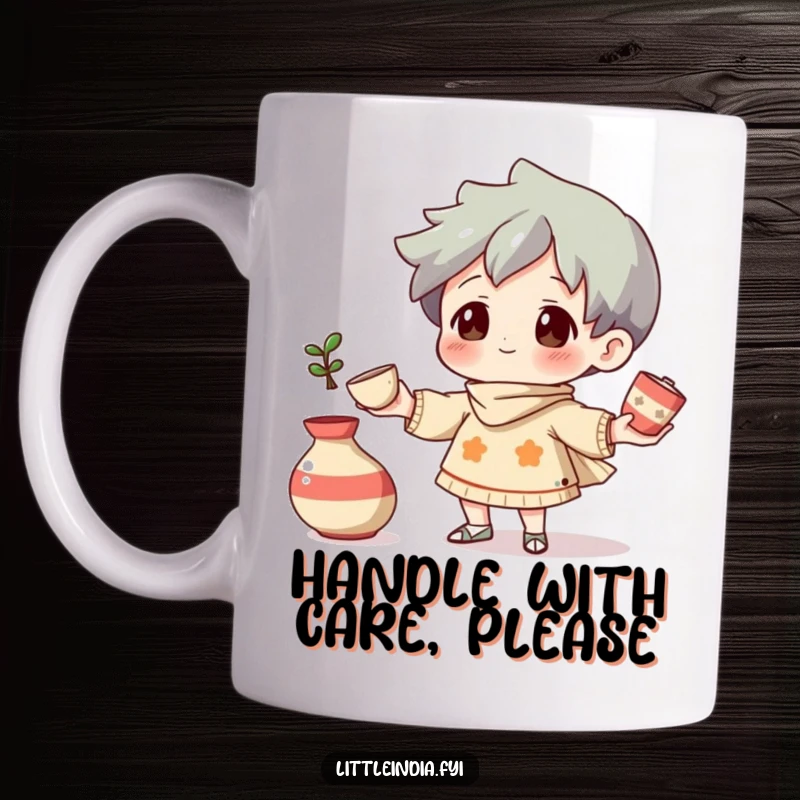 Funny Mug: A curious character skillfully juggling small, decorative pottery pieces with a focused, amused expression.