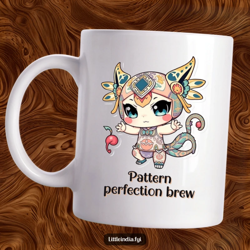 Funny mug with a character in a powerful, dynamic pose, decorated with detailed, mesmerizing intricate patterns.