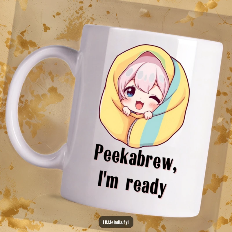 Funny Giggle Mug: Character playfully peeking from behind a colorful fabric, expressing joy and mischief, ideal for coffee lovers.