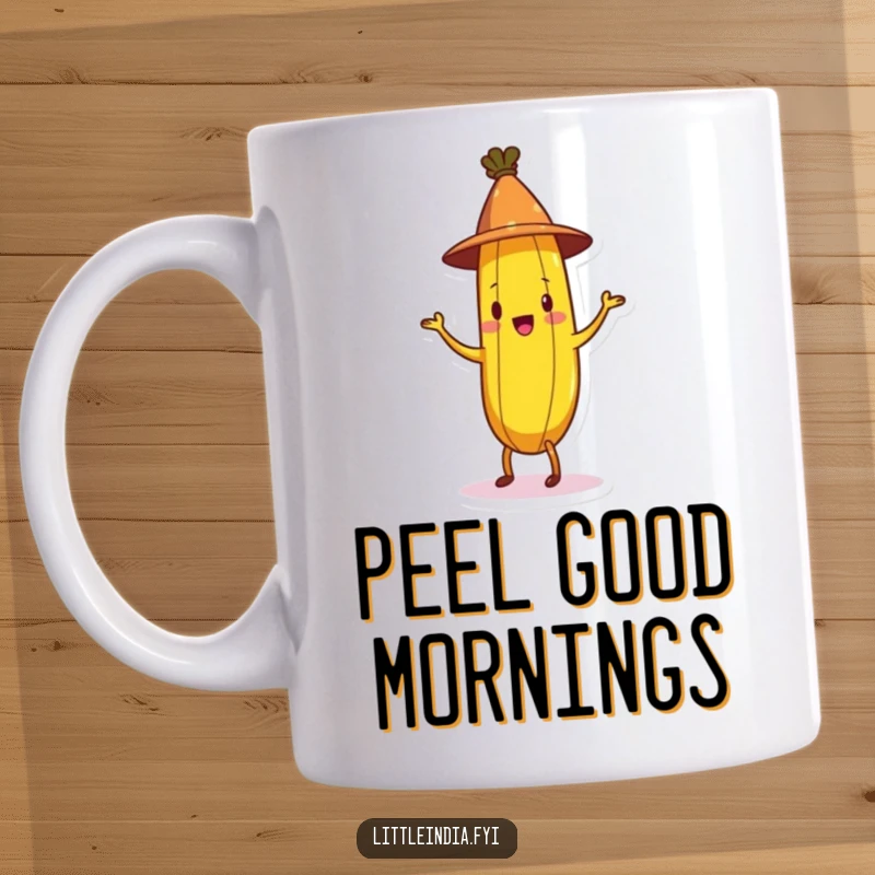 Funny Banana Mug showing a cheerful banana wearing a small conical hat and happily doing a jig, full of playful energy.