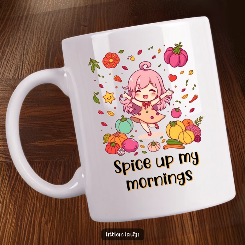 Funny Mug: Delighted character joyfully dancing amidst a colorful explosion of spices, radiating happiness and vibrancy.
