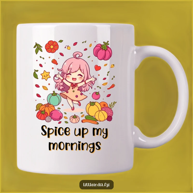 Funny Spice Dancer Mug: Delighted Character's Colorful Dance, Perfect Funny Gift