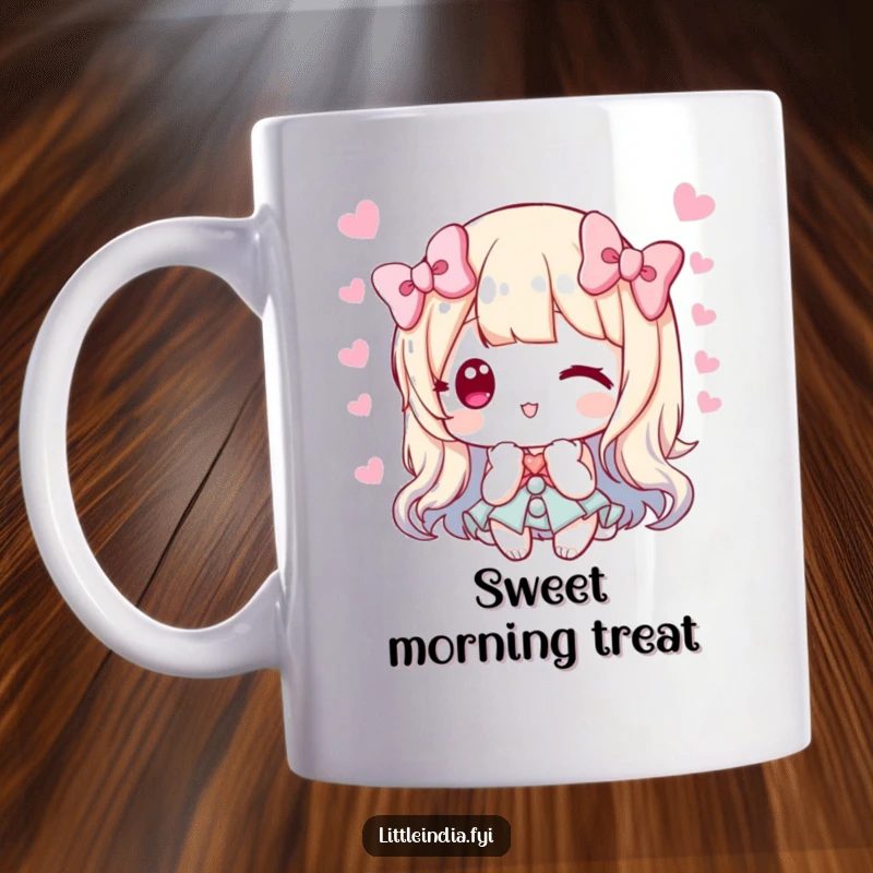 Funny mug of a character graciously offering a selection of sweets with a polite bow, symbolizing generosity and kindness.