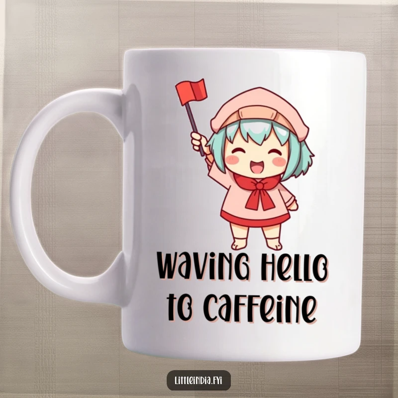 Funny mug of a character joyfully and enthusiastically waving a small, colorful flag, radiating happiness and celebration.