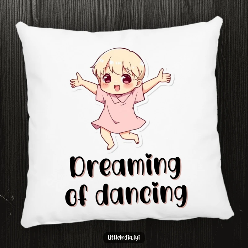Funny pillow featuring a character in a lively dance pose, with exaggerated, expressive arm movements and a joyful aura.