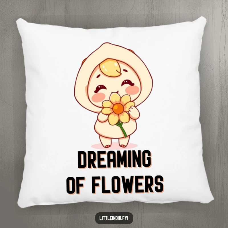 Funny pillow featuring a happy character joyfully offering a fragrant flower, a soft and cheerful decor piece.