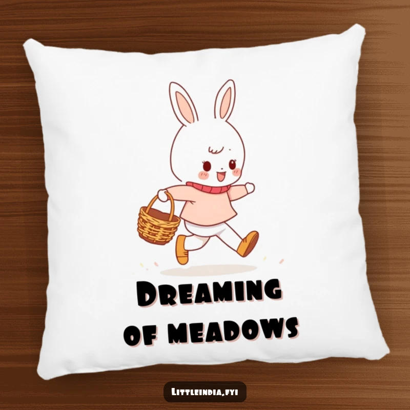 Funny Pillow showcasing a cheerful character skipping lightly with a woven basket, designed for ultimate comfort and a heartwarming visual.