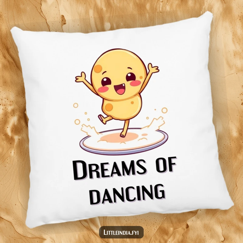Funny pillow featuring a playful roti dancing on a platter, surrounded by a stylized cloud of flour.