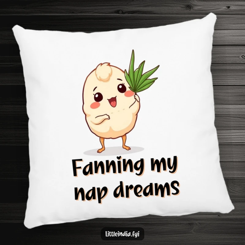Funny Curry Puff Pillow with a curry puff and tiny legs fanning itself with a palm frond.