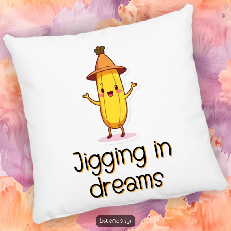 Funny Banana Pillow with a soft, cheerful banana in a conical hat doing a jig, designed for comfort and humorous appeal.