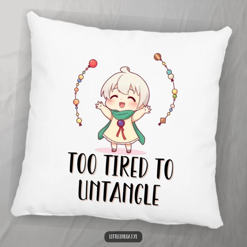 Funny pillow showing a character comically attempting to juggle decorative strings of beads, a humorous and soft addition.