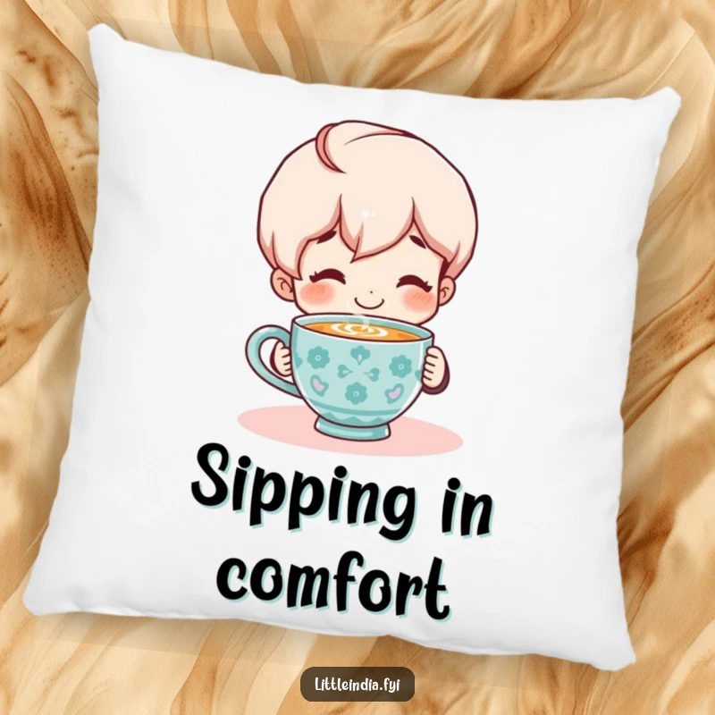 Funny Pillow: Holding a smiling character enjoying a steaming cup of chai, offering plush comfort and a warm, inviting feel.