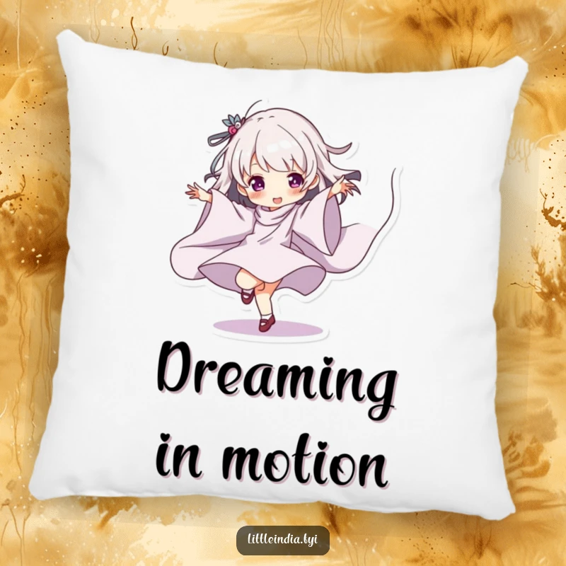 Funny Pillow depicting a character playfully dancing with flowing fabric, offering cozy and humorous artistic comfort.