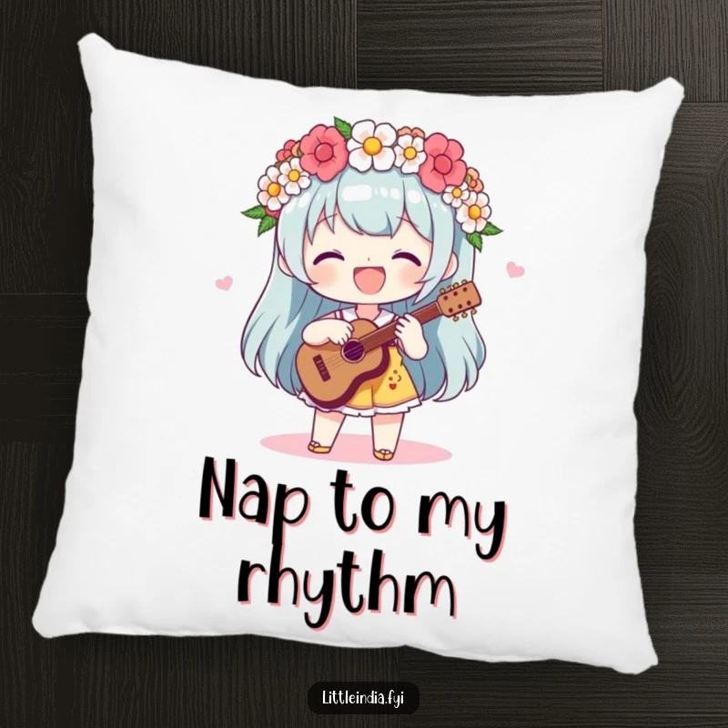 Funny Pillow: A delighted character in a flower garland plays a happy beat, offering comfort and musical cheer.