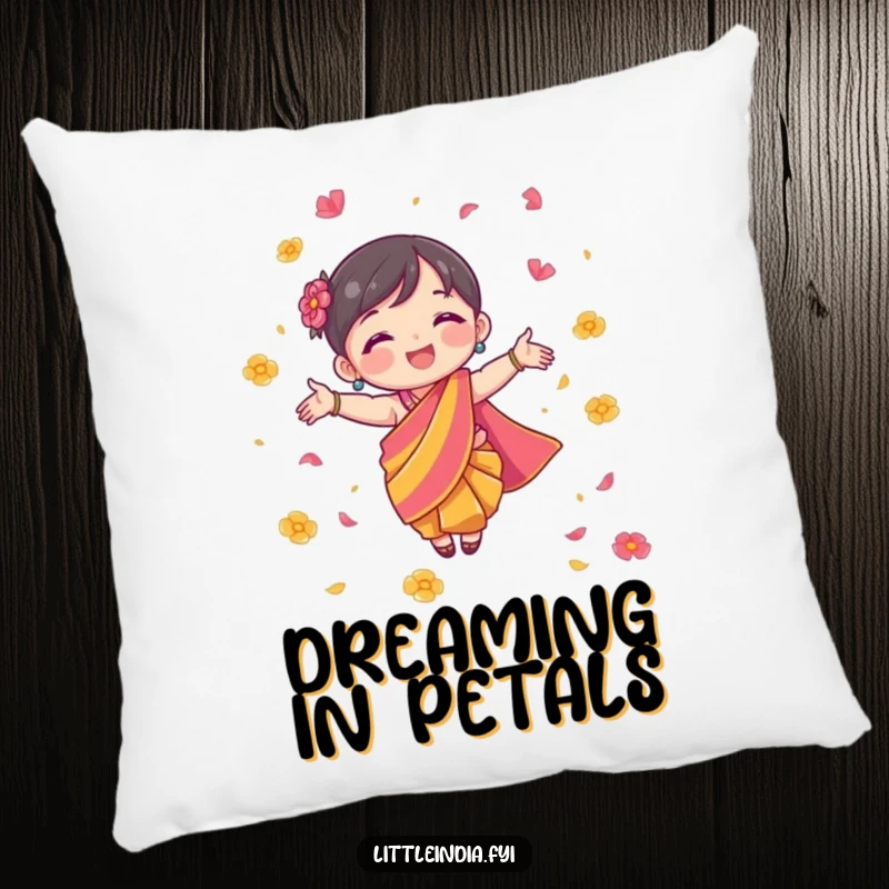 Funny Pillow depicting a character in a colorful sari, joyfully scattering flower petals, bringing festive comfort.