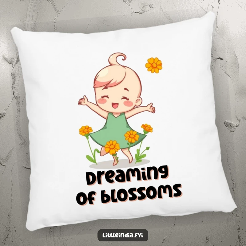 Funny Pillow: A happy character performing a joyful dance surrounded by colorful marigold flowers, offering soft comfort.