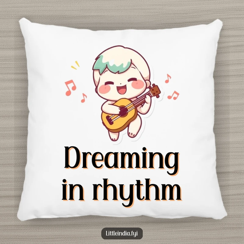 Funny pillow showing a cheerful character playing a small instrument, creating a happy melody for relaxation.