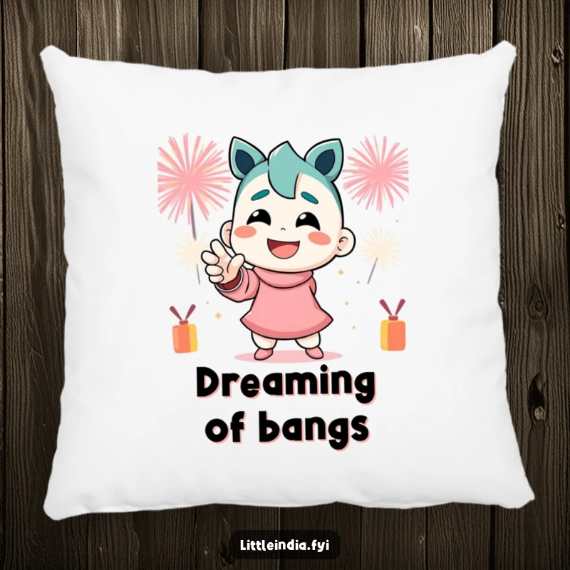 Funny Pillow: A smiling character strikes a dynamic pose with festive firecrackers exploding around them, perfect for decor.