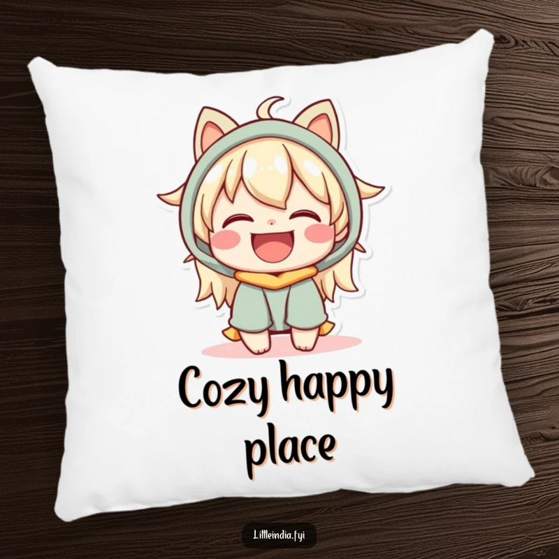Funny Pillow: A happy character with a warm, inviting smile shares a moment of pure joy, perfect for comfort.