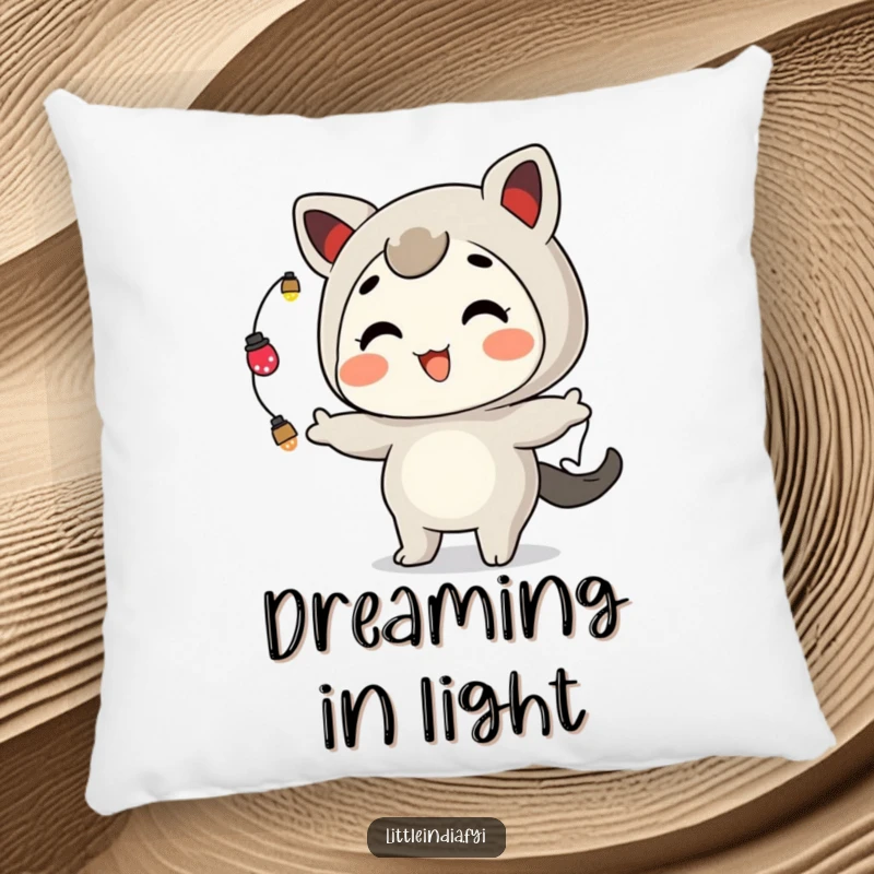Funny Pillow: A playful character with a cheerful grin juggles bright ornamental lights, bringing festive cheer indoors.