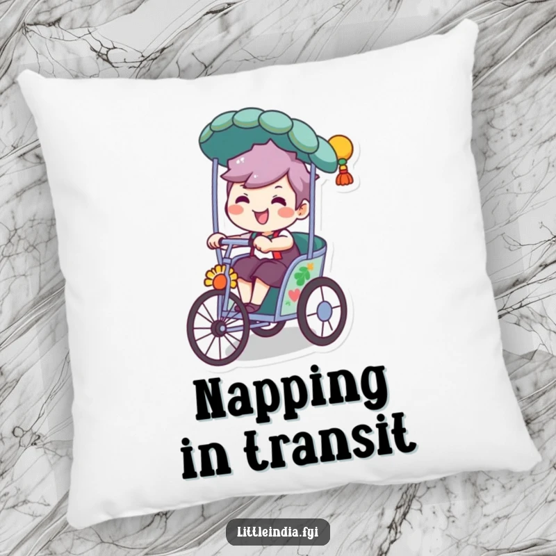 Funny pillow featuring a character with a cheeky, playful grin, riding a detailed, decorated rickshaw for maximum fun.