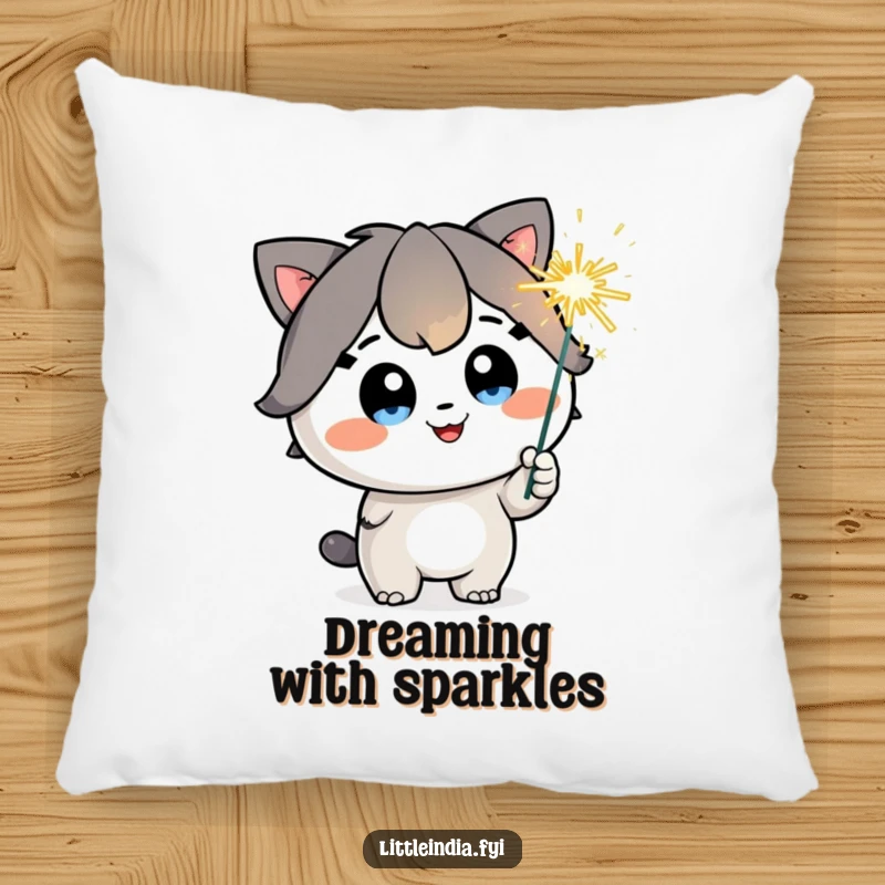 Funny Pillow: A happy character with sparkling eyes holds a playful sparkler, offering comfort and a festive glow.