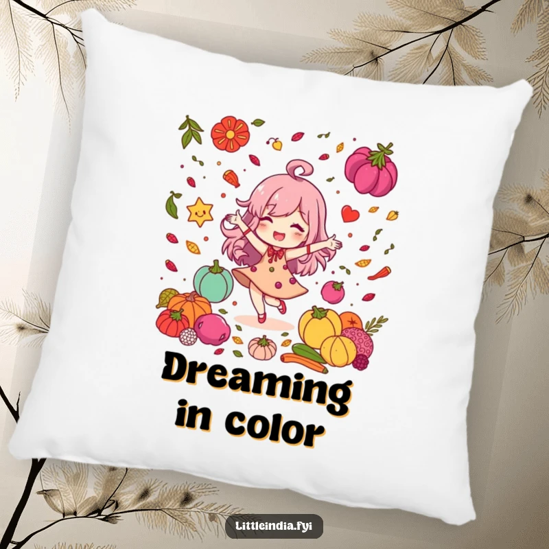 Funny Pillow: Holding a delighted character dancing among colorful spices, offering plush comfort and vibrant decor.