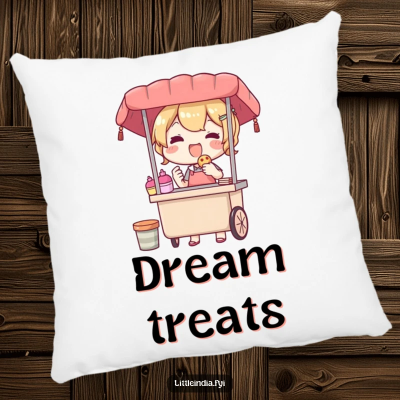 Funny pillow showcasing a delighted street vendor character offering a treat, offering comforting softness and a daily dose of warm, radiating happiness.