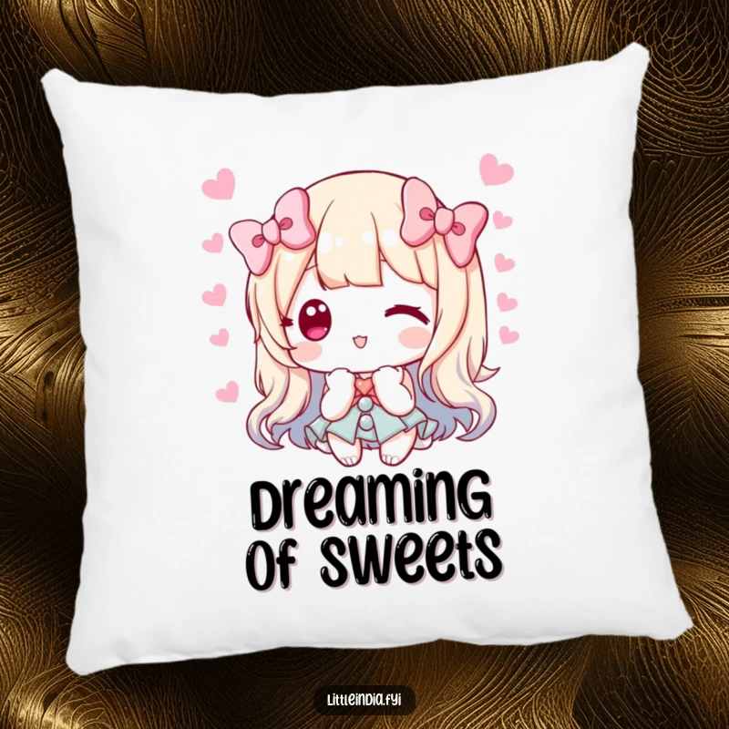 Funny pillow design with a character offering sweets and bowing, providing comfort and a symbol of generosity.