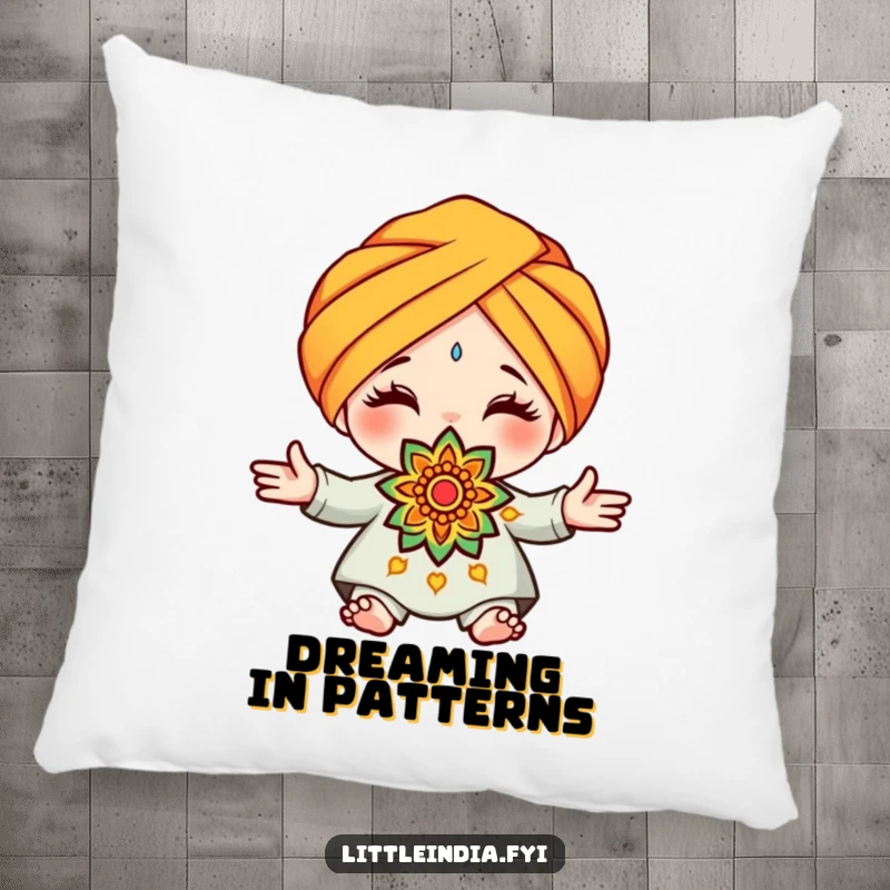 Funny turban rangoli pillow showing a cute character wearing a turban, offering a decorative rangoli pattern with a sweet and gentle expression.