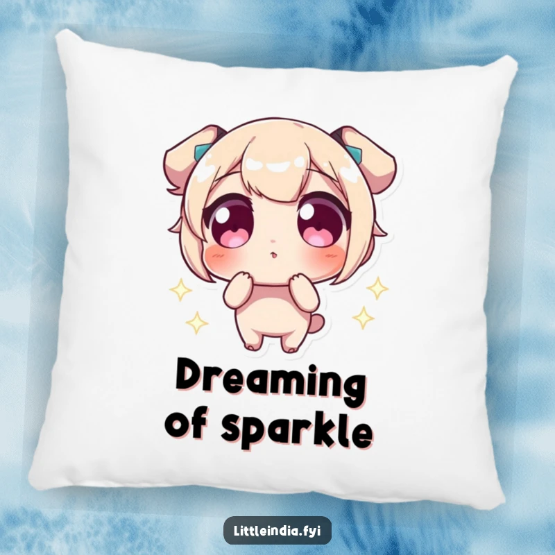 Funny Pillow depicting a character with wide eyes in awe of sparkling lights, providing comfort and humor.