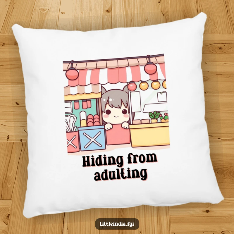 Funny pillow featuring a playful character peeking from colorful market stalls, a soft and decorative touch.