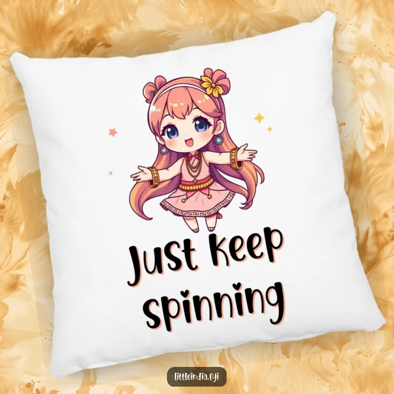 Funny Pillow: A cute character is depicted in a joyful twirl, surrounded by a vibrant array of shimmering bangles, bringing cheer to any space.