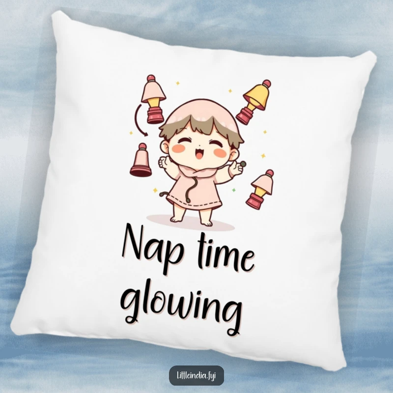Funny decorative pillow with a character juggling small lamps, bringing a touch of whimsical humor to any cozy space.