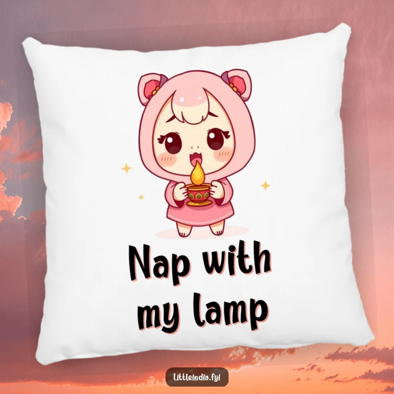 Funny Pillow depicting an excited character holding a small diya lamp, offering cozy and humorous festive comfort.