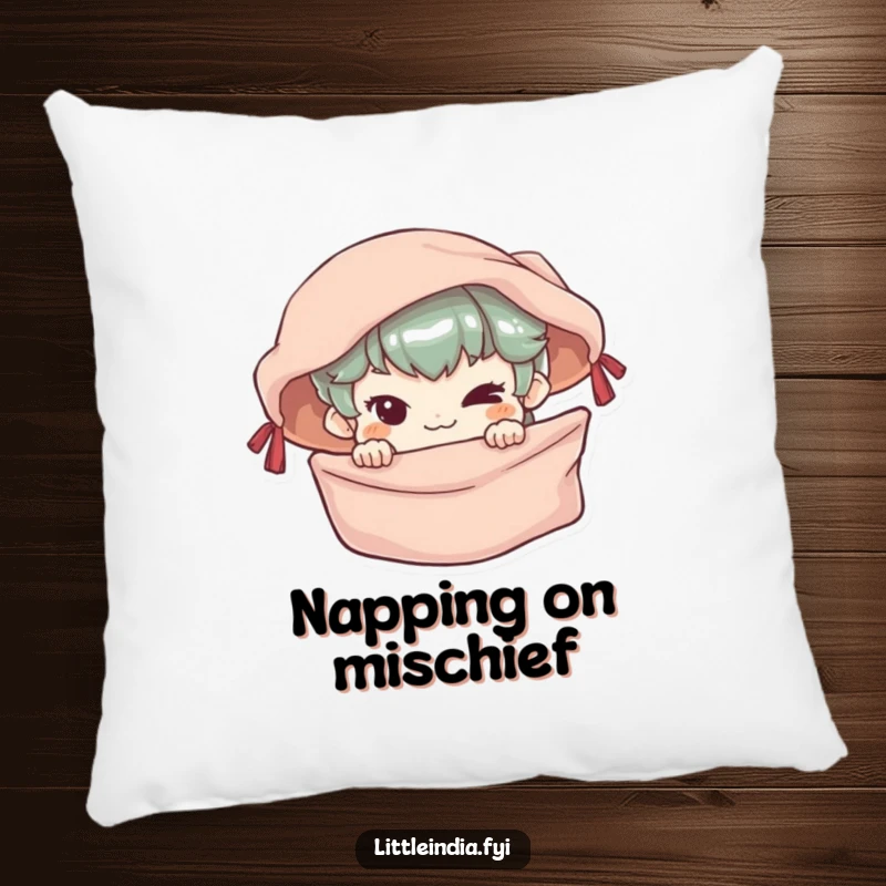 Funny Pillow depicting a mischievous character peeking from a colorful market stall, offering cozy and humorous comfort.